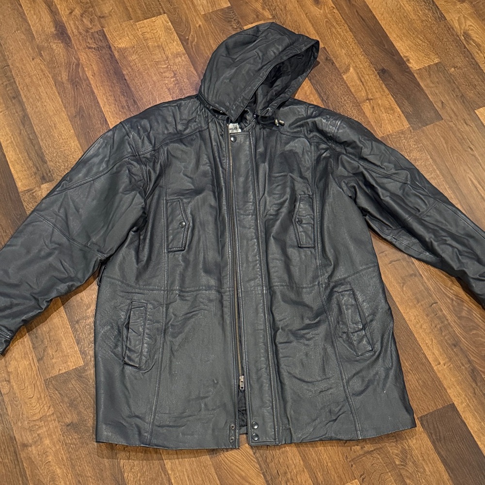 VINTAGE Men's Black Leather Hooded Charles Klein Jacket (2XT)